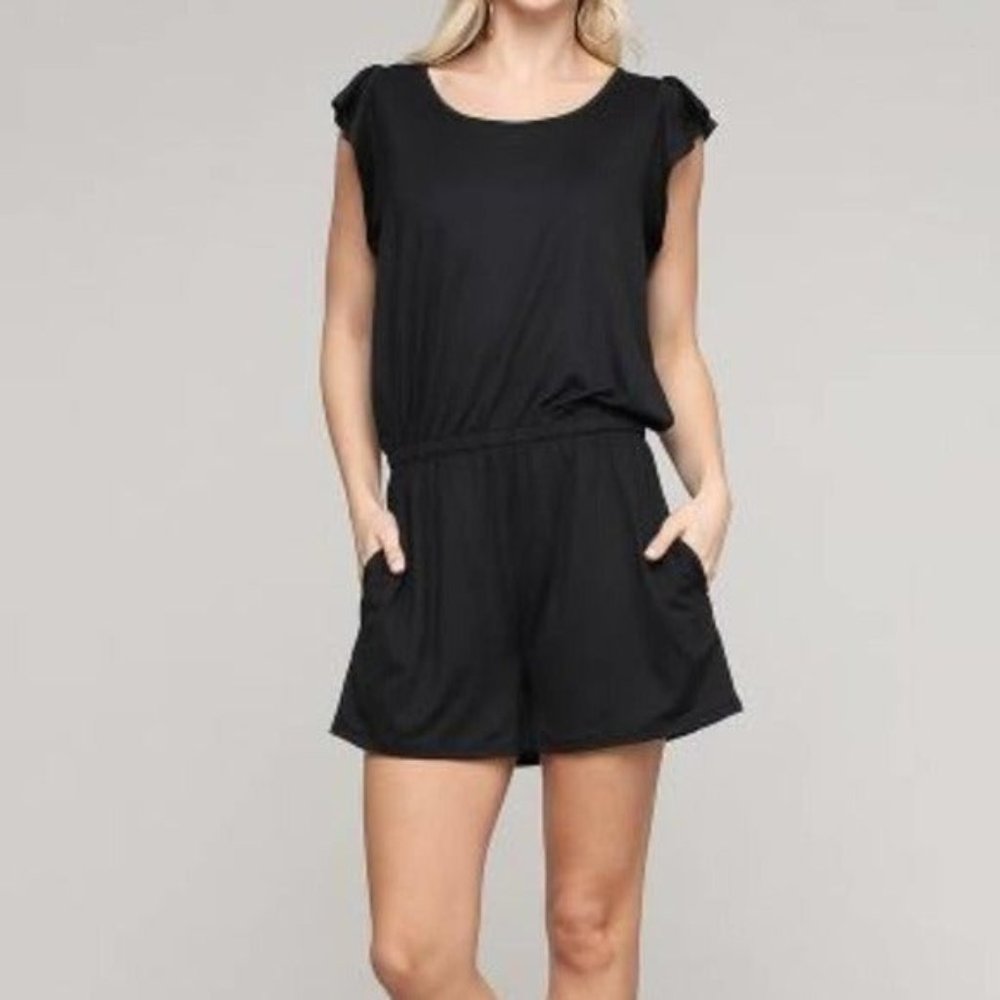 NWT Ninexis Medium Black Ruffled Sleeve Romper - Picture 1 of 10